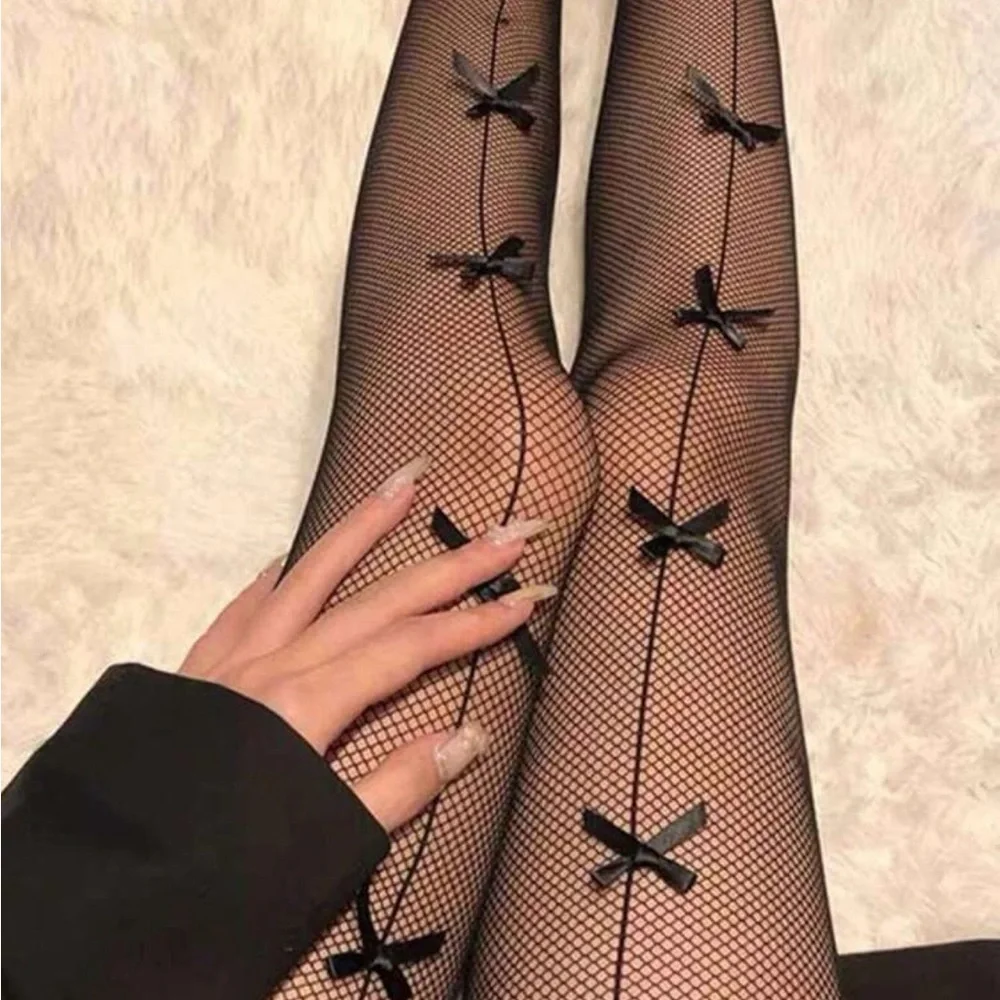 Elegant Black Fishnet Tights with Bows